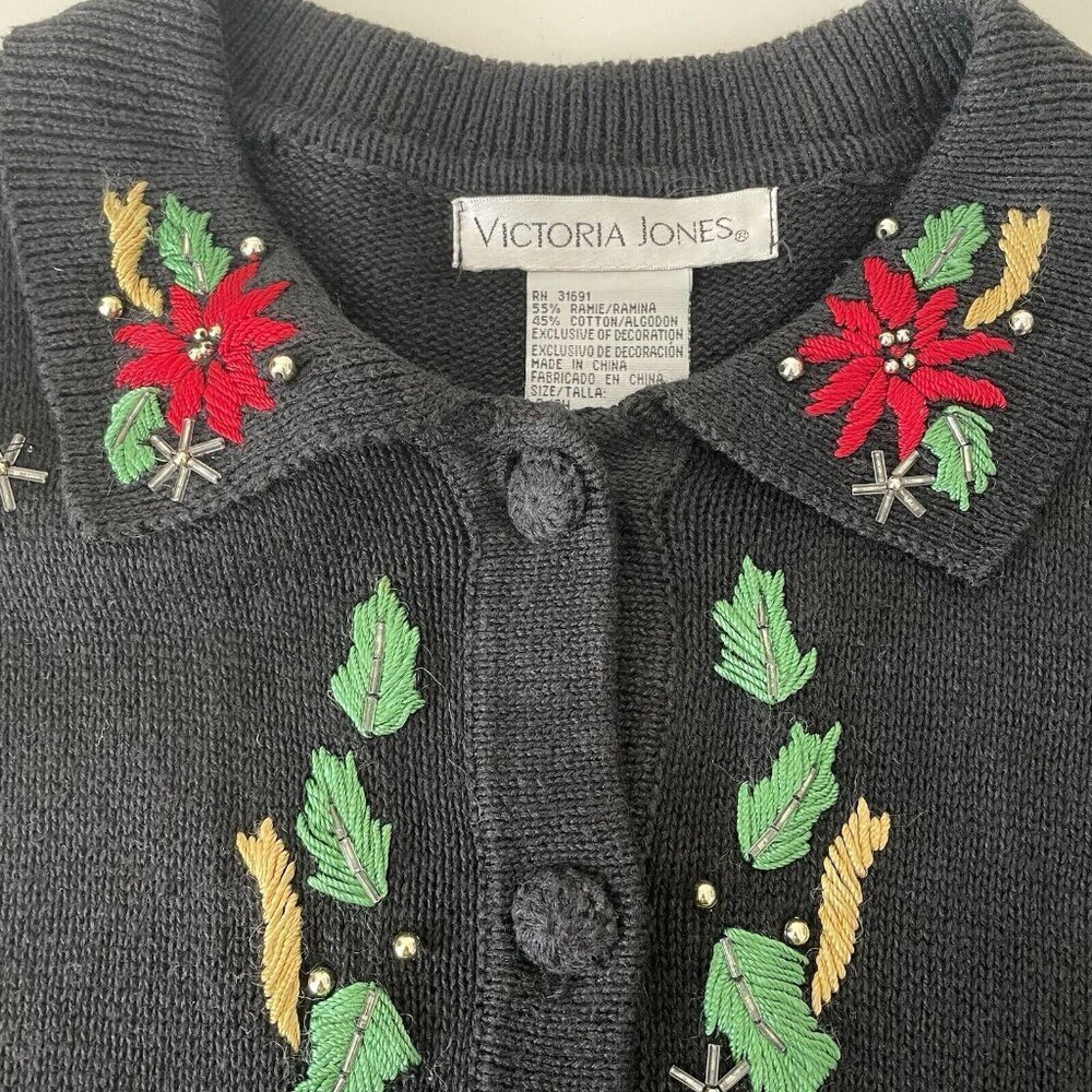 Vtg Victoria Jones Christmas Cardigan Sweater Black Embroidered Beaded Size S - Picture 6 of 10